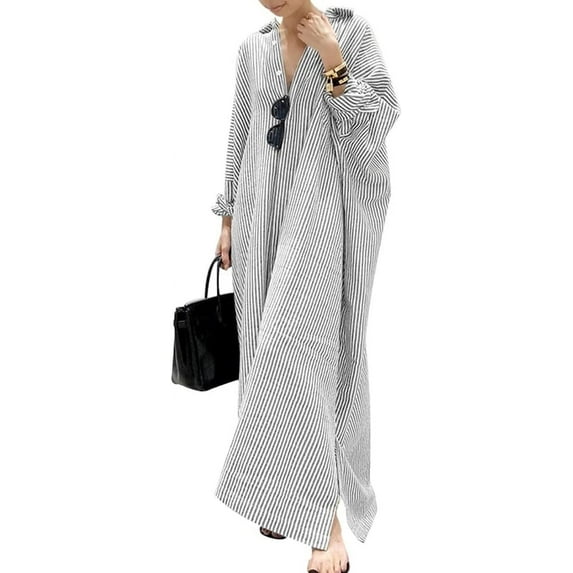 Women's Casual Long Sleeve Button Down Loose Striped Cotton Maxi Shirt Dress