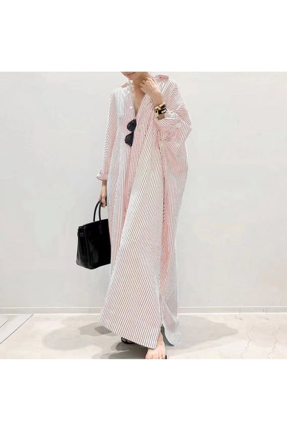 Womens Casual Long Sleeve Button Down Loose Striped Cotton Maxi Shirt Dress