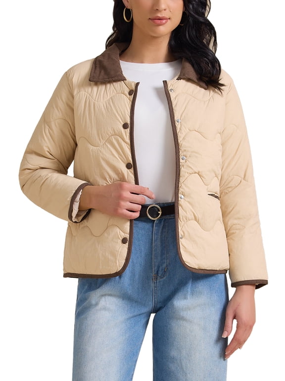 Women's Casual Long Sleeve Button Down Puffer Jacket Padded Outerwear Coats S Khaki