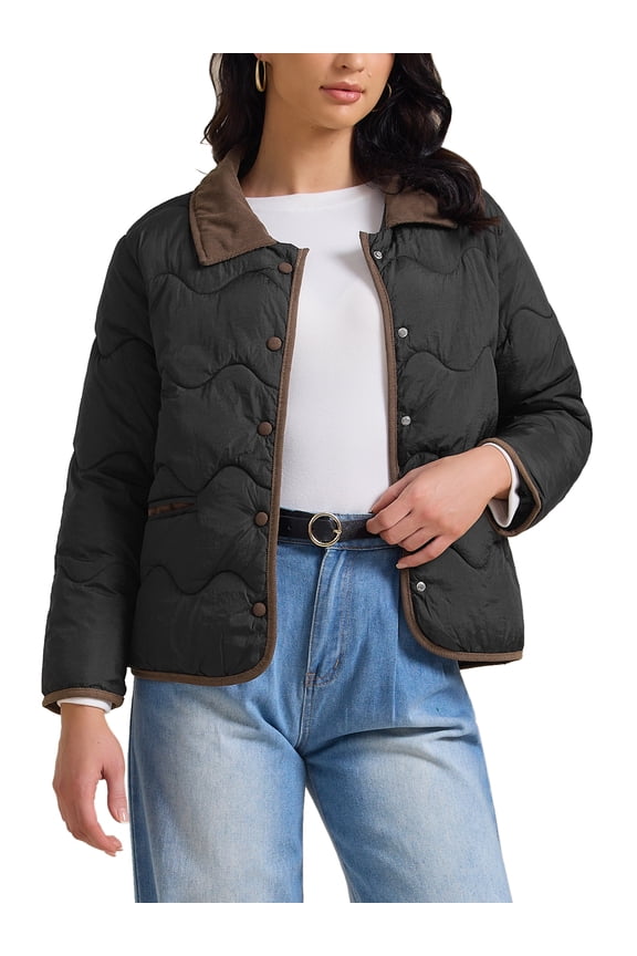 Women's Casual Long Sleeve Button Down Puffer Jacket Padded Outerwear Coats XL Black