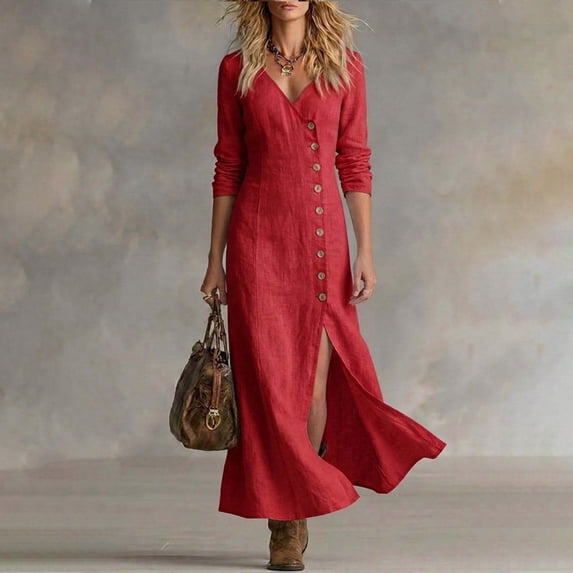 Women's Casual Long-Sleeve Button Front Dress