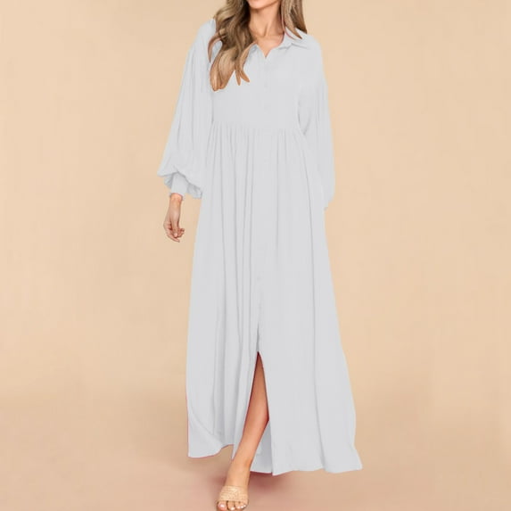 Women's Casual Long Sleeve Buttoned Loose Solid Color Long Version Shirt Dress Petite Casual Dresses for Summer Short Sleeved Dresses Women Winery Dress Midi Dresses for Women Casual Summer Womens