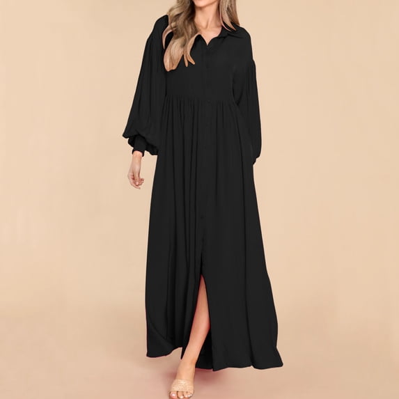 Women's Casual Long Sleeve Buttoned Loose Solid Color Long Version Shirt Dress Petite Casual Dresses for Summer Short Sleeved Dresses Women Winery Dress Midi Dresses for Women Casual Summer Womens