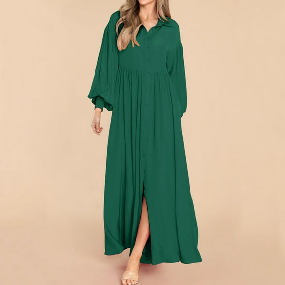Women's Casual Long Sleeve Buttoned Loose Solid Color Long Version Shirt Dress Petite Casual Dresses for Summer Short Sleeved Dresses Women Winery Dress Midi Dresses for Women Casual Summer Womens