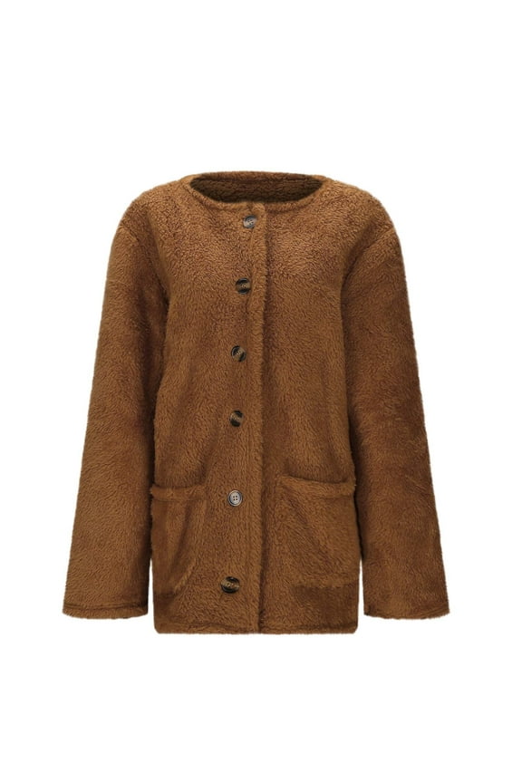 Women's Casual Long Sleeve Buttoned Pocket Cardigan Coat With Round Neck Solid Color Fall Half Wool Coats for Women Womens Hoodie Zip up Zip up Top Petite Women Full Zip Sweater Jackets Or Women Zip