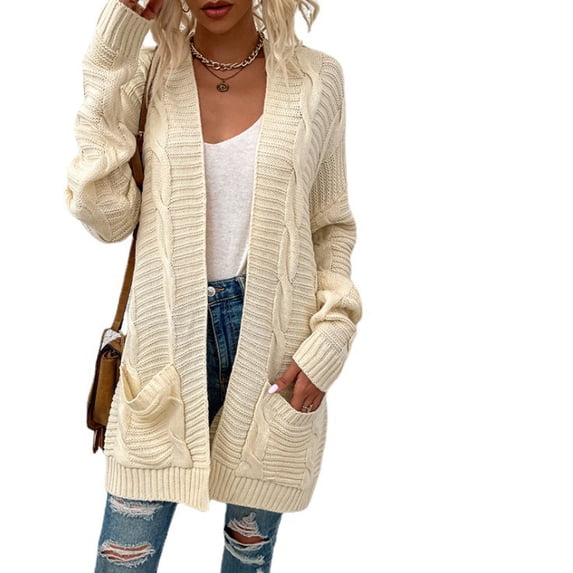Women's Casual Long Sleeve Cardigan, Cable Knit Open Front Sweater with Pockets, Cozy Outerwear for Daily Wear & Fall Winter Outfits