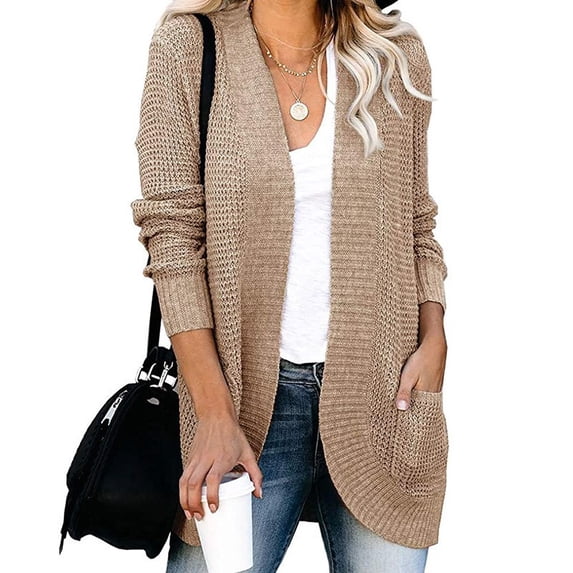Women's Casual Long Sleeve Cardigan, Open Front Knit Sweater with Pockets, Lightweight Outerwear for Work, Daily Wear & Fall Outfits