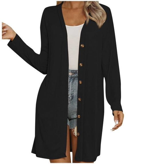 Women's Casual Long Sleeve Cardigan with Buttons Solid Color Loose Blouse