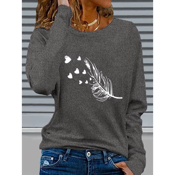 Women's Casual Long Sleeve Crew Neck Graphic Print T-Shirt - Heart & Design, Soft Breathable Fabric, Regular Fit for Fall & Winter, Ladies T Shirts, Motif Top, Construction