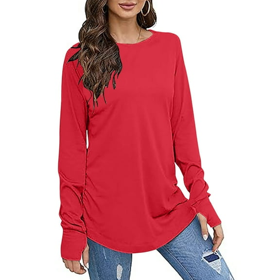 Women's Casual Long Sleeve Crew Neck Tunic Tops Round Hem, Loose Fit, with Thumb Holes, Comfortable Fabric