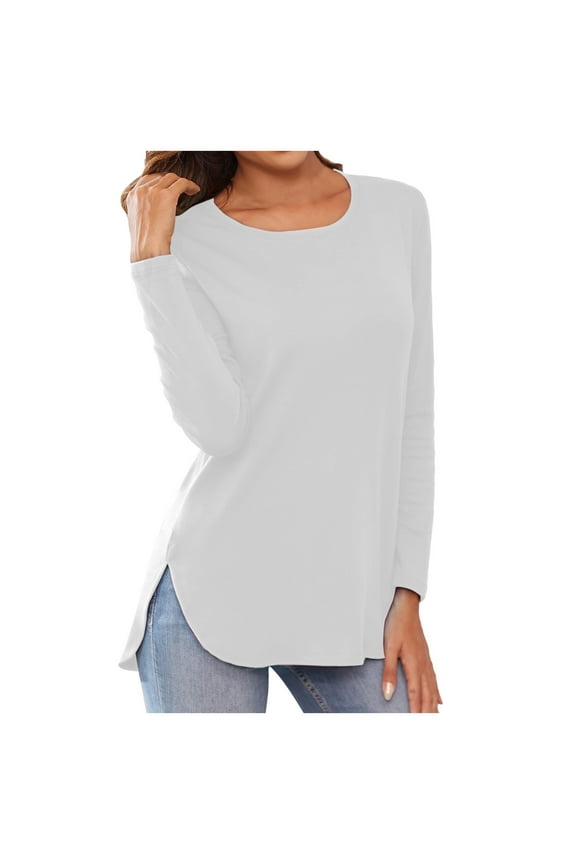 Women's Casual Long Sleeve Crewneck Pullover Tunic Top with Side Split Hem for Fall Loose Fit Comfort Oversized T-shirts Short Sleeve Crewneck Casual Tops