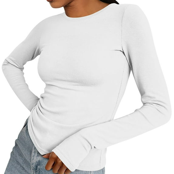 Women's Casual Long Sleeve Crewneck Solid Color T-Shirt Comfortable Stretchy Basic Top for Everyday Wear