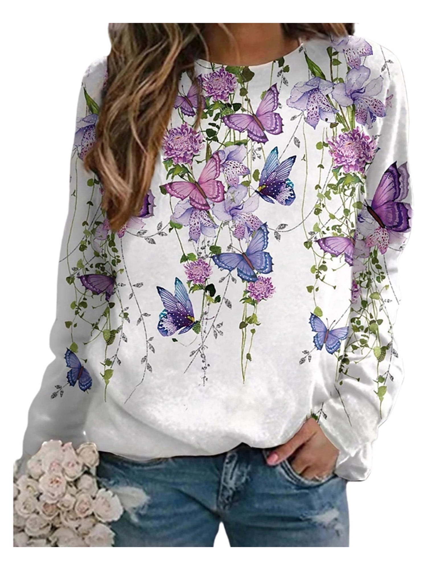 Women's Casual Long Sleeve Crewneck Sweatshirt Butterfly Floral Graphic ...