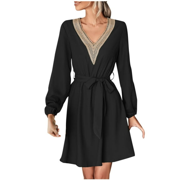 Women's Casual Long Sleeve Dress Lace Crochet V Neck Solid Color Belted Dress Loose Fit Fashion Knee Length Dress