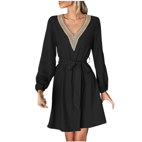 Women's Casual Long Sleeve Dress Lace Crochet V Neck Solid Color Belted Dress Loose Fit Fashion Knee Length Dress
