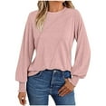 thumbnail image 1 of Women's Casual Long Sleeve Elastic Cuff Tee Crew Neck Pleated Shirts Top Simple Solid Color Loose Fit Top Tee, 1 of 5
