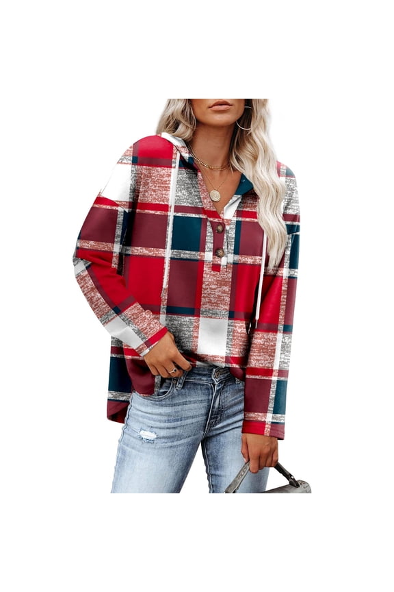 Women's Casual Long Sleeve Hooded Blouse with Button Front and Adjustable Drawstring, Featuring Plaid Print Design for Daily Comfortable Wear