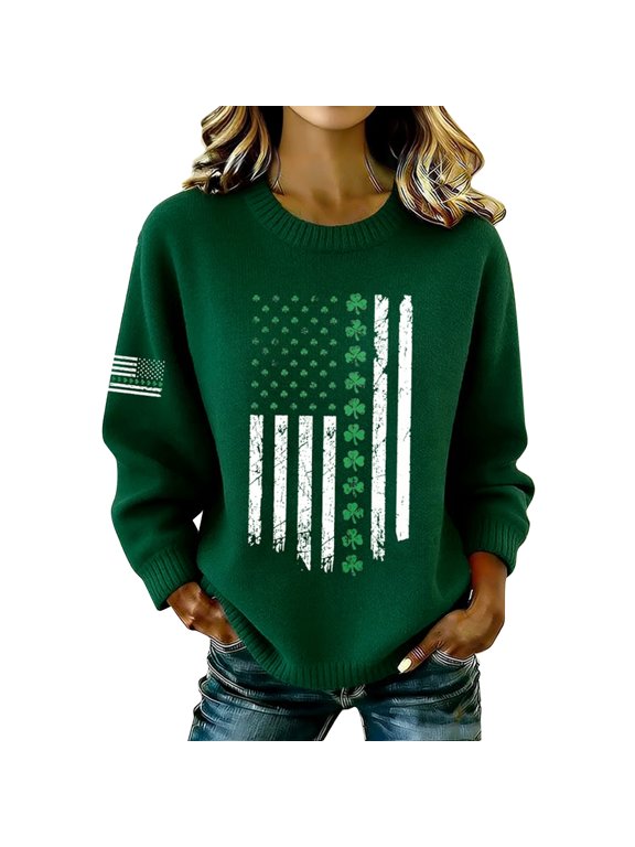 Women's Casual Long Sleeve Hooded Sweater, St. Patrick's Day Shamrock Graphic Waffle Knit Pullover, Green Clover Top for Daily & Festival Wear