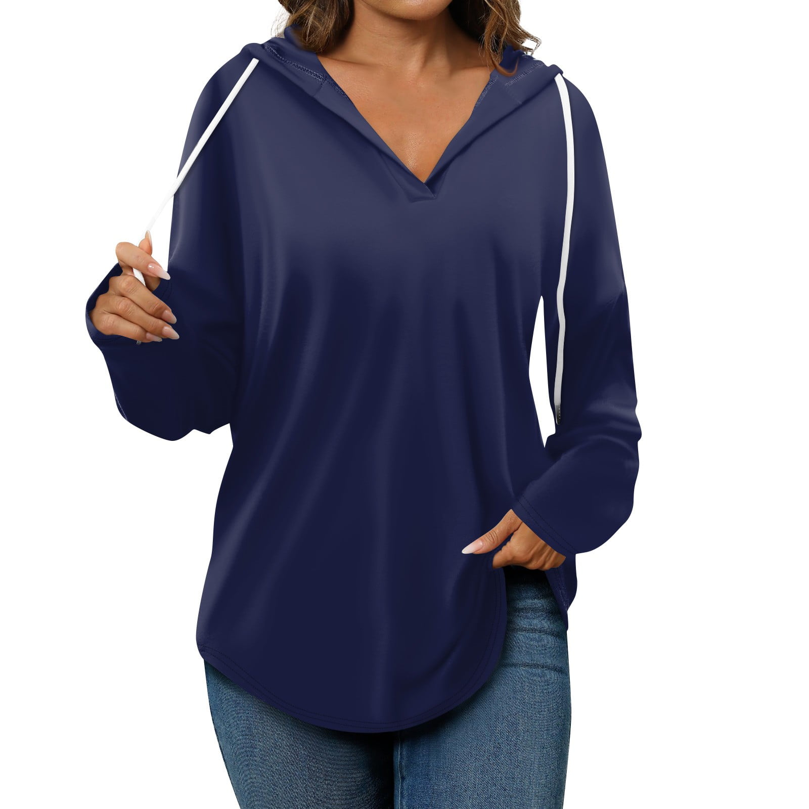 Women s Casual Long Sleeve Hoodie V Neck Pullover Sweatshirt with Drawstring Lightweight and Soft Fabric Walmart