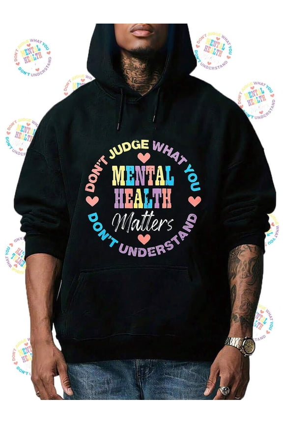 Women's Casual Long Sleeve Hoodie With Mental Health Awareness Letter Print, Pocket, Drawstring - Blend, Geometric Pattern, Hoodie