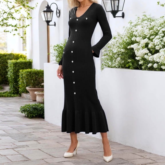 Women's Casual Long Sleeve Knit Dress Elegant Bodycon Vacation Maxi Dress Slim Fit Winter Fall Outfit Rose Outfits Ruffle Dress Casual Dress Dress Women Vintage Dress Women Maxi Dresses Summer Long