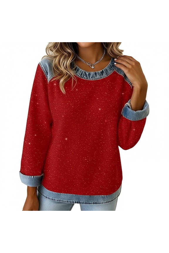 Women's Casual Long Sleeve Lapel Pullover Sweatshirt Tops Shirts Blouses Solid Color Denim Patchwork Stitching Loose Fit Crewneck Streetwear Loungewear Daily Wear Fashion Essential Gift for Women