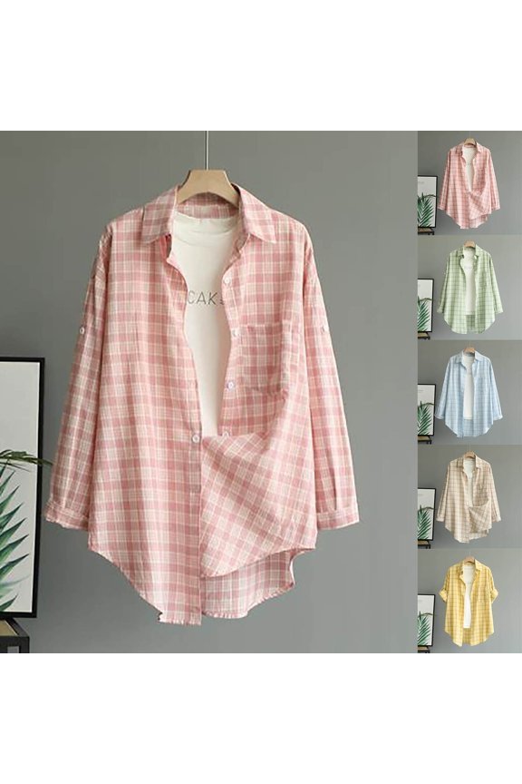 Women's Casual Long Sleeve Lapel Shirt Jacket Blouse Plaid Loose Fit Button Down Top for Work Office Business Casual Fall Fashion | CSEONE,Yellow L