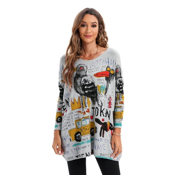Women's Casual Long Sleeve Loose Artsy Graphic Newspaper Pullover Sweaters DH07 Grey