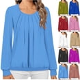 thumbnail image 1 of Women's Casual Long Sleeve Loose Fit Round Neck Top Blouse Tunic Solid Color Pleated Soft Comfortable Daily Wear Business Office Vacation Outfits Fashion Essential Gift for Ladies, 1 of 8