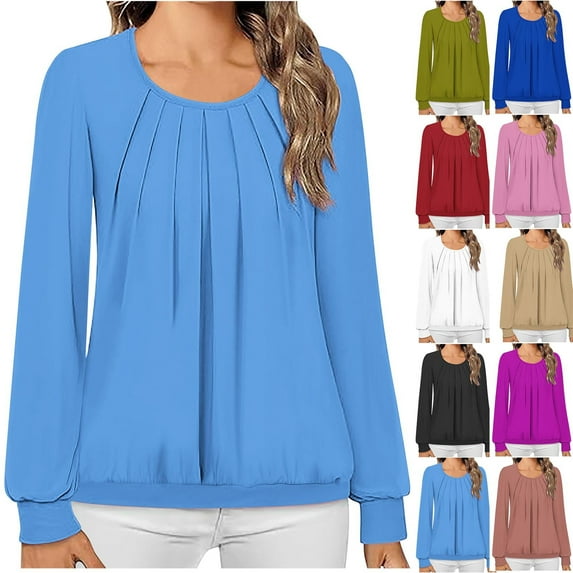 Women's Casual Long Sleeve Loose Fit Round Neck Top Blouse Tunic Solid Color Pleated Soft Comfortable Daily Wear Business Office Vacation Outfits Fashion Essential Gift for Ladies