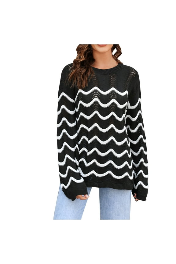 Women's Casual Long Sleeve Loose Tunic Tops Lightweight Crochet Knit Hollow Out Striped Sweaters Pullovers Tops