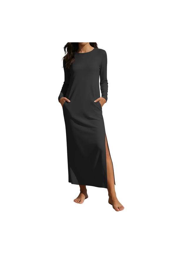 Women's Casual Long Sleeve Maxi Dress Crew Neck A-Line Long T-Shirt Dress with Pockets Side Split Flowy Loose Fit Floor Length Sun Dress For Daily Wear