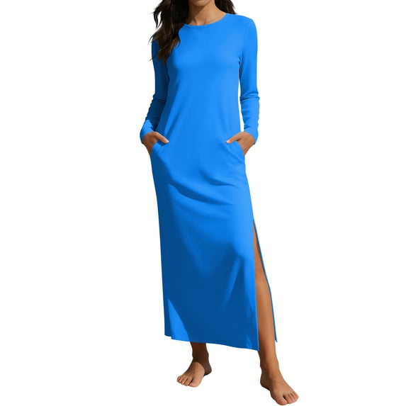 Women's Casual Long Sleeve Maxi Dress Crew Neck A-Line Long T-Shirt Dress with Pockets Side Split Flowy Loose Fit Floor Length Sun Dress For Daily Wear