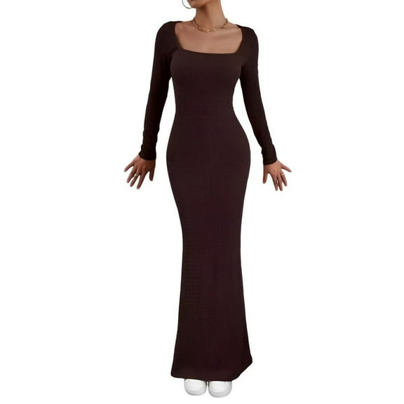 Women's Casual Long Sleeve Maxi Dress Square Neck Soft Lounge Long Bodycon Dress