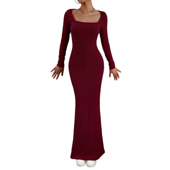 Women's Casual Long Sleeve Maxi Dress Square Neck Soft Lounge Long Bodycon Dress