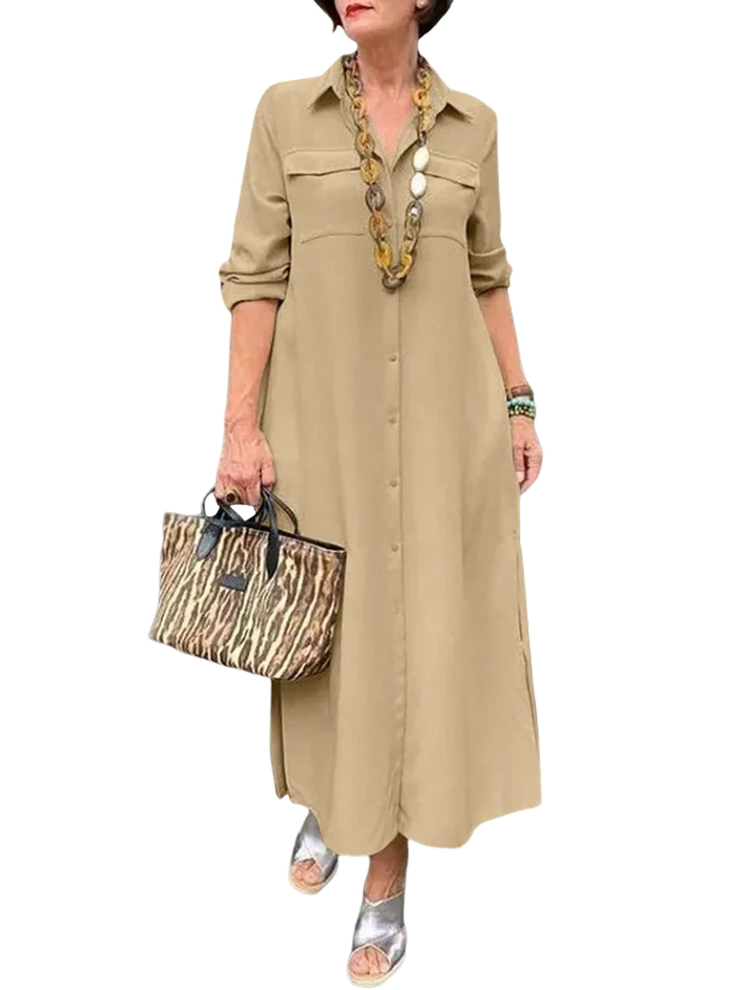 Ellazhu Women's Color Block Lapel Shirt Dress – Oversized Long Sleeve Button Down, 80% Cotton, Casual & Work Wear - View #2