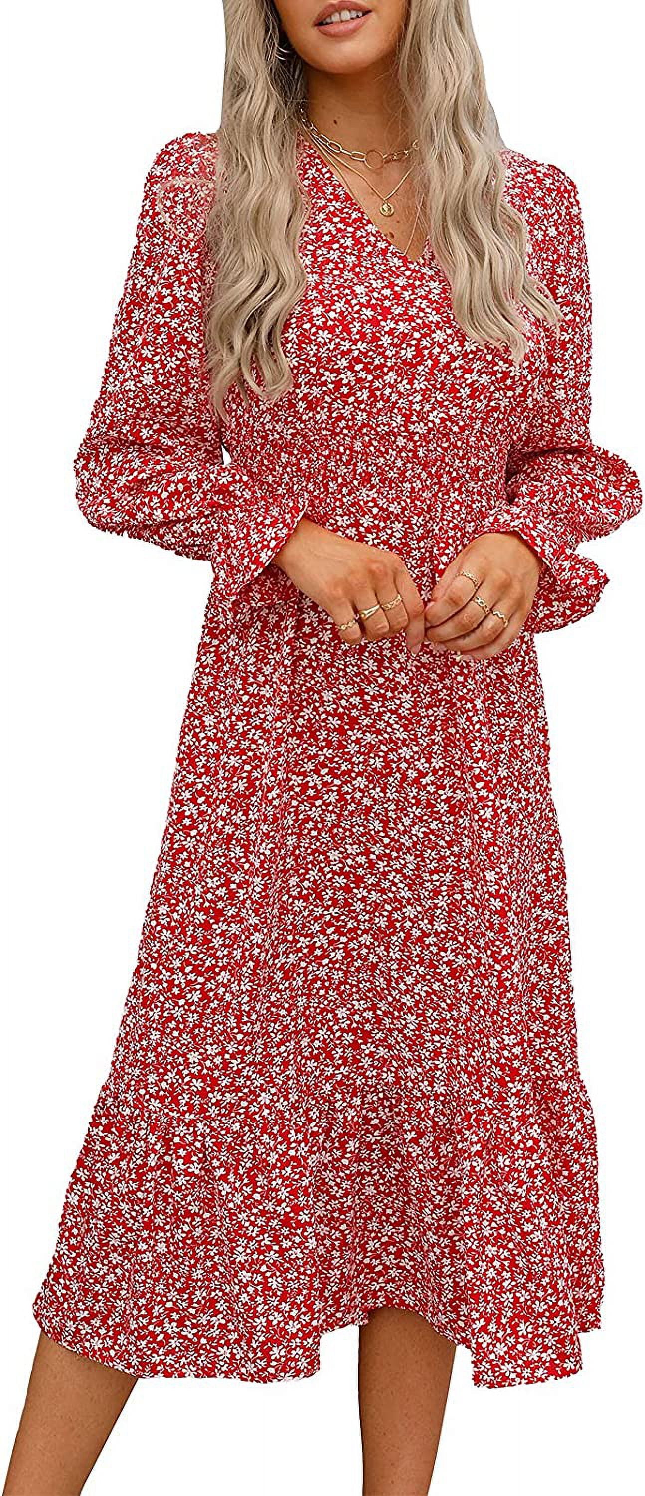 Women's Casual Long Sleeve Midi Fall Dress Boho Pleated V Neck Ruffled ...