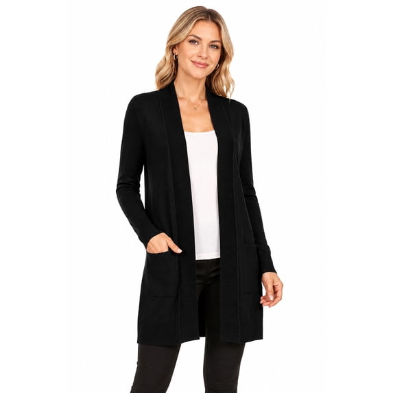Women's Casual Long Sleeve Open Front Solid Cardigan with Side Pockets Black L