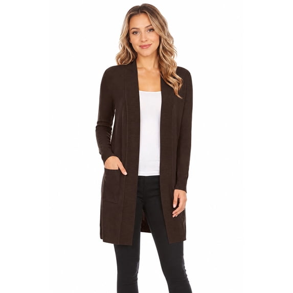 Women's Casual Long Sleeve Open Front Solid Cardigan with Side Pockets Brown XL