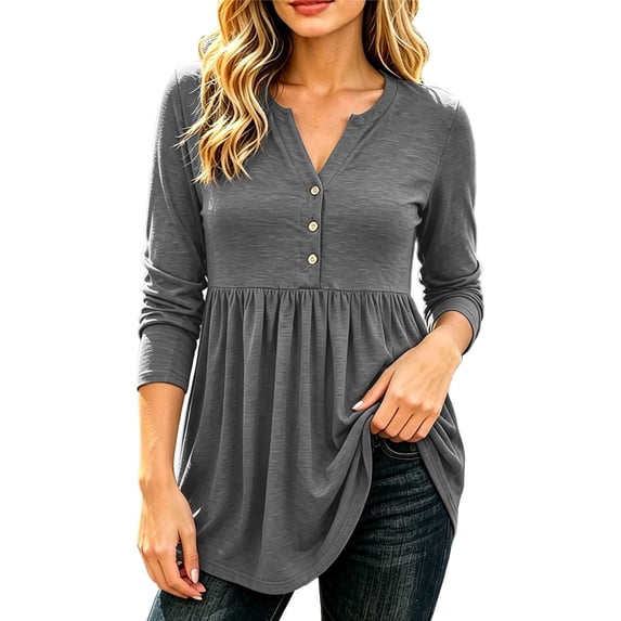 Women's Casual Long Sleeve Peplum Tops V Neck Button Front Shirts Soft Loose Fit Tunic Blouse with Flattering Waist Design Lightweight Everyday Wear Top for Work Travel and Weekend Outfits