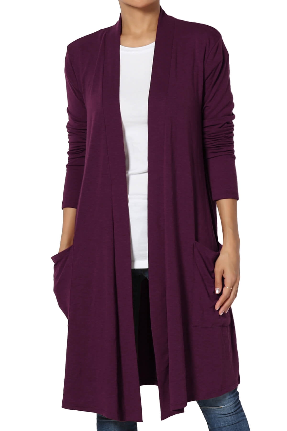 Women s Casual Long Sleeve Pocket Open Front Jersey Knit Knee
