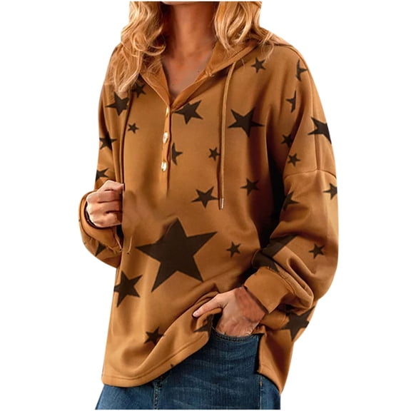 Women's Casual Long Sleeve Print Button Down Pullover Hoodie Sweatshirt Tops Blouse