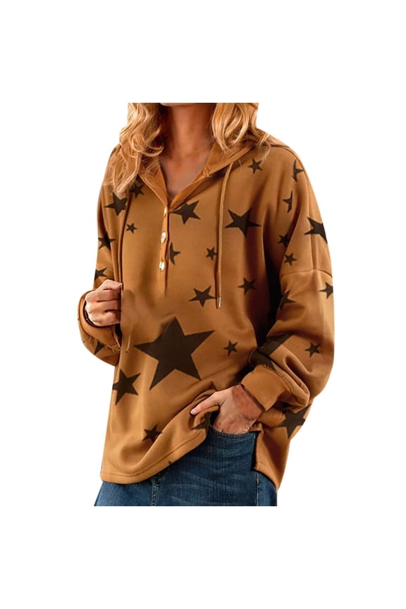 Women's Casual Long Sleeve Print Button Down Pullover Hoodie Sweatshirt Tops Blouse