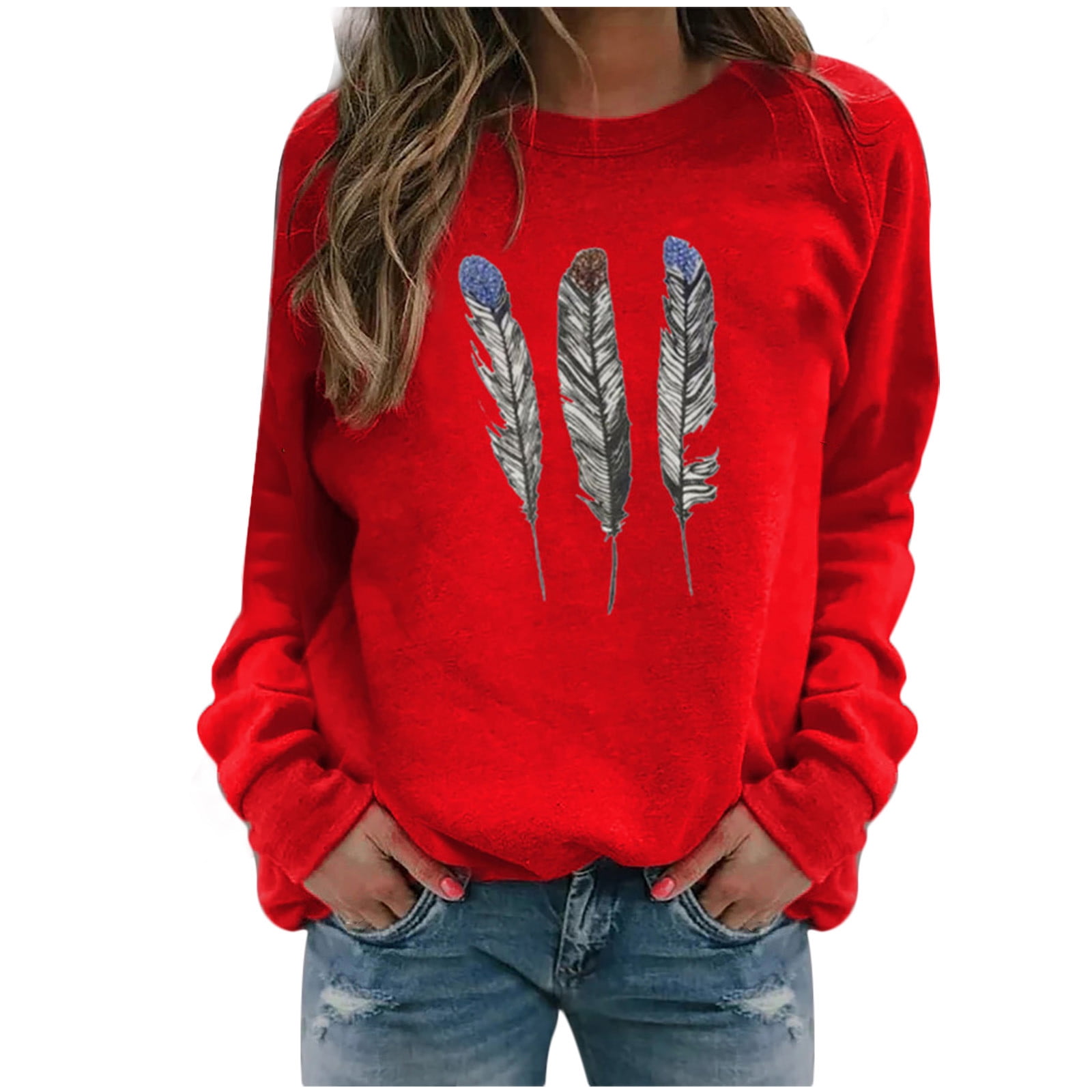 Women's Casual Long Sleeve Pullover Sweatshirt Fashion Plumage Graphic