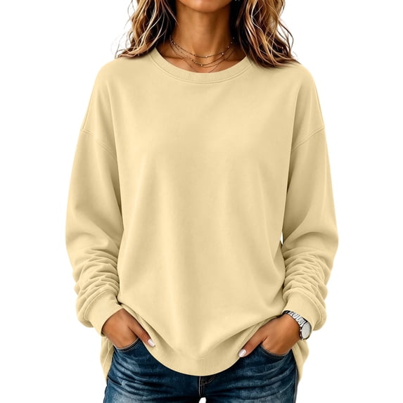 Women's Casual Long Sleeve Pullover Sweatshirt Solid Color Crew Neck Loose Fit Basic Oversized Hoodie Fall Winter Clothes Fleece Lined Cozy Comfortable Top