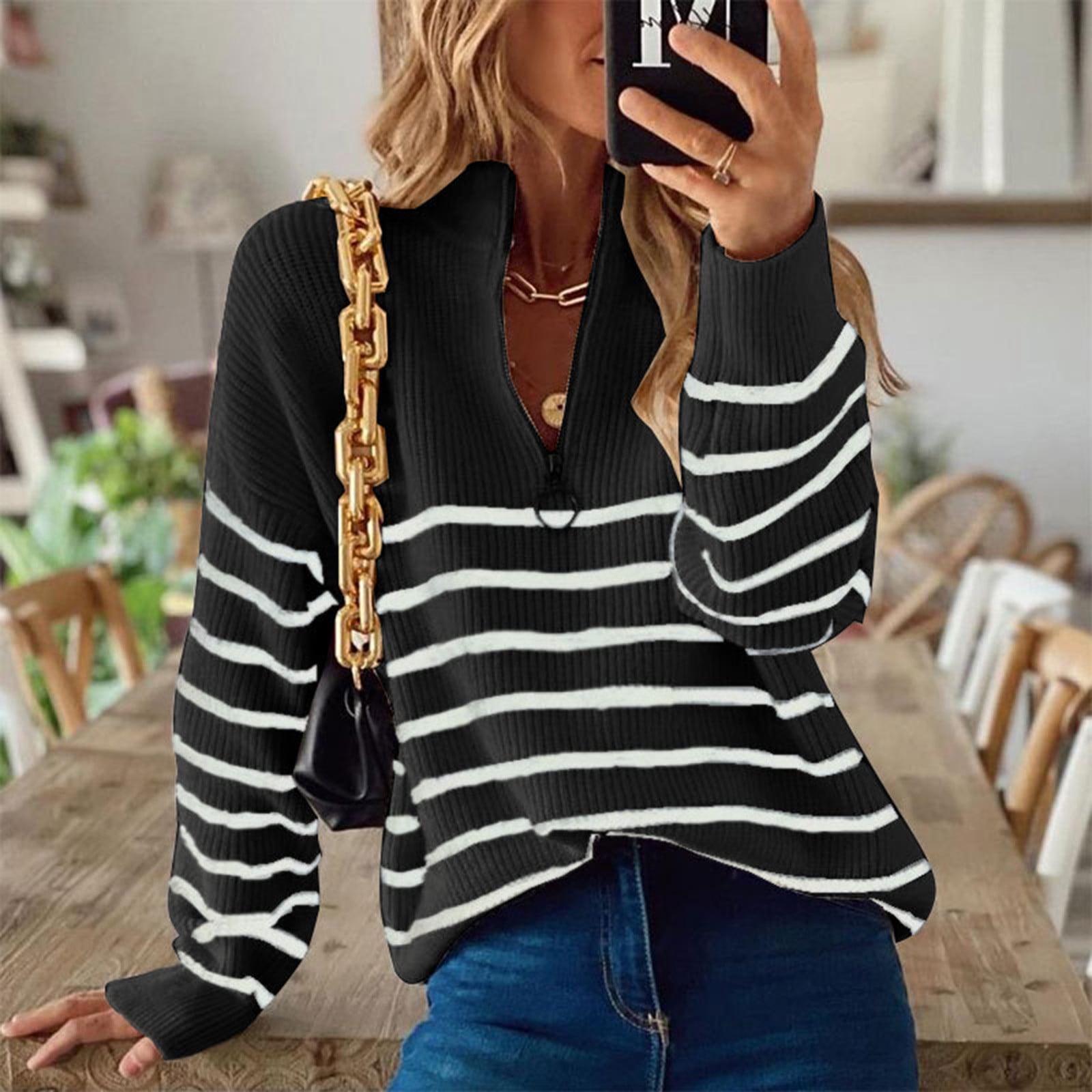 Women Fashion Tops Contrast Color V Neck Loose Long Sleeve