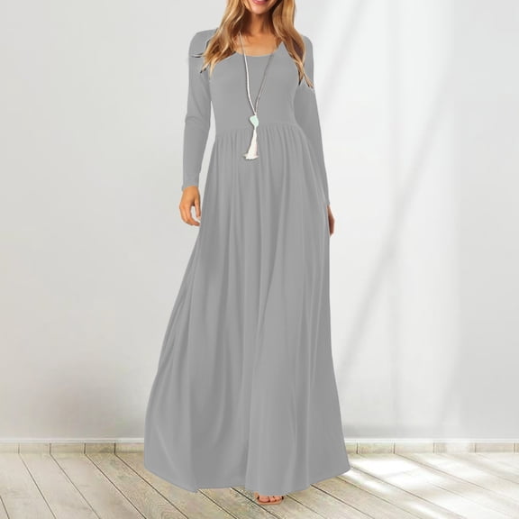 Women's Casual Long Sleeve Round Neck Dress Comfortable Stretchy Blend Loose Fit Everyday Maxi Dress for Spring and Fall