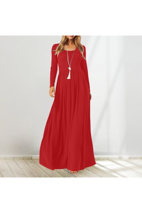 Women's Casual Long Sleeve Round Neck Dress Comfortable Stretchy Blend Loose Fit Everyday Maxi Dress for Spring and Fall