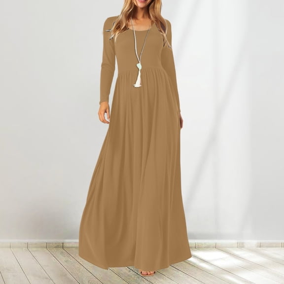 Women's Casual Long Sleeve Round Neck Dress Comfortable Stretchy Blend Loose Fit Everyday Maxi Dress for Spring and Fall