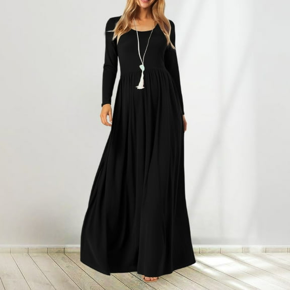 Women's Casual Long Sleeve Round Neck Dress Comfortable Stretchy Blend Loose Fit Everyday Maxi Dress for Spring and Fall